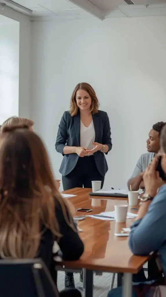formatrice avec le sourire devant ses apprenants sur un table (1)