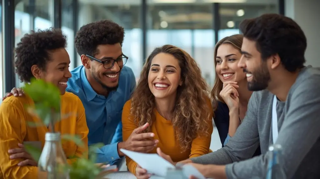un groupe de 5 personnes au travail qui sont heureux