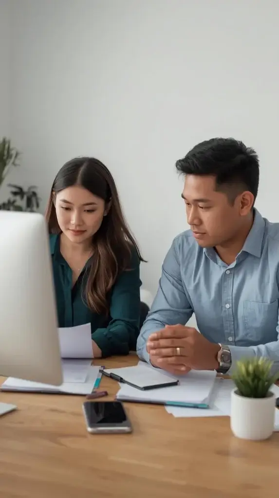 une personne qui travaille sur la création de son entreprise avec des documents et un ordinateur et qui est aidé par un formateur