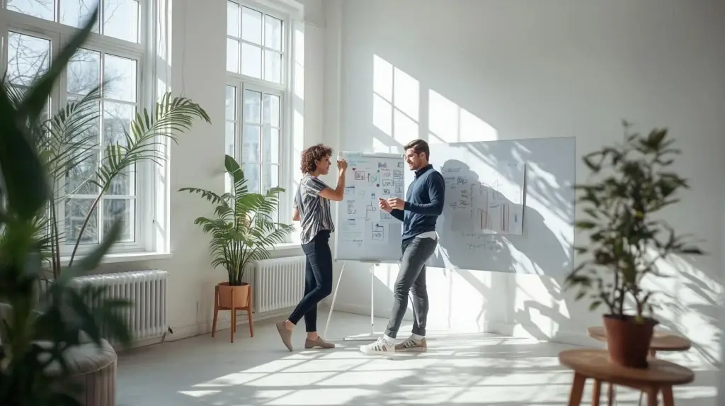 deux personnes qui discutent dun projet de création dentreprise dans un endroit moderne et lumineux