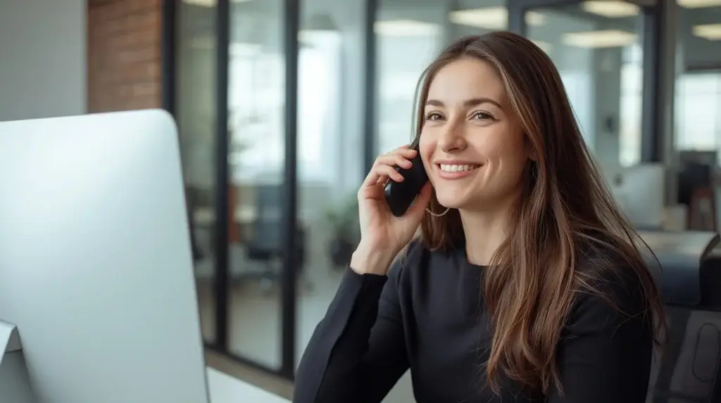 une personne au téléphone au bureau avec le sourire